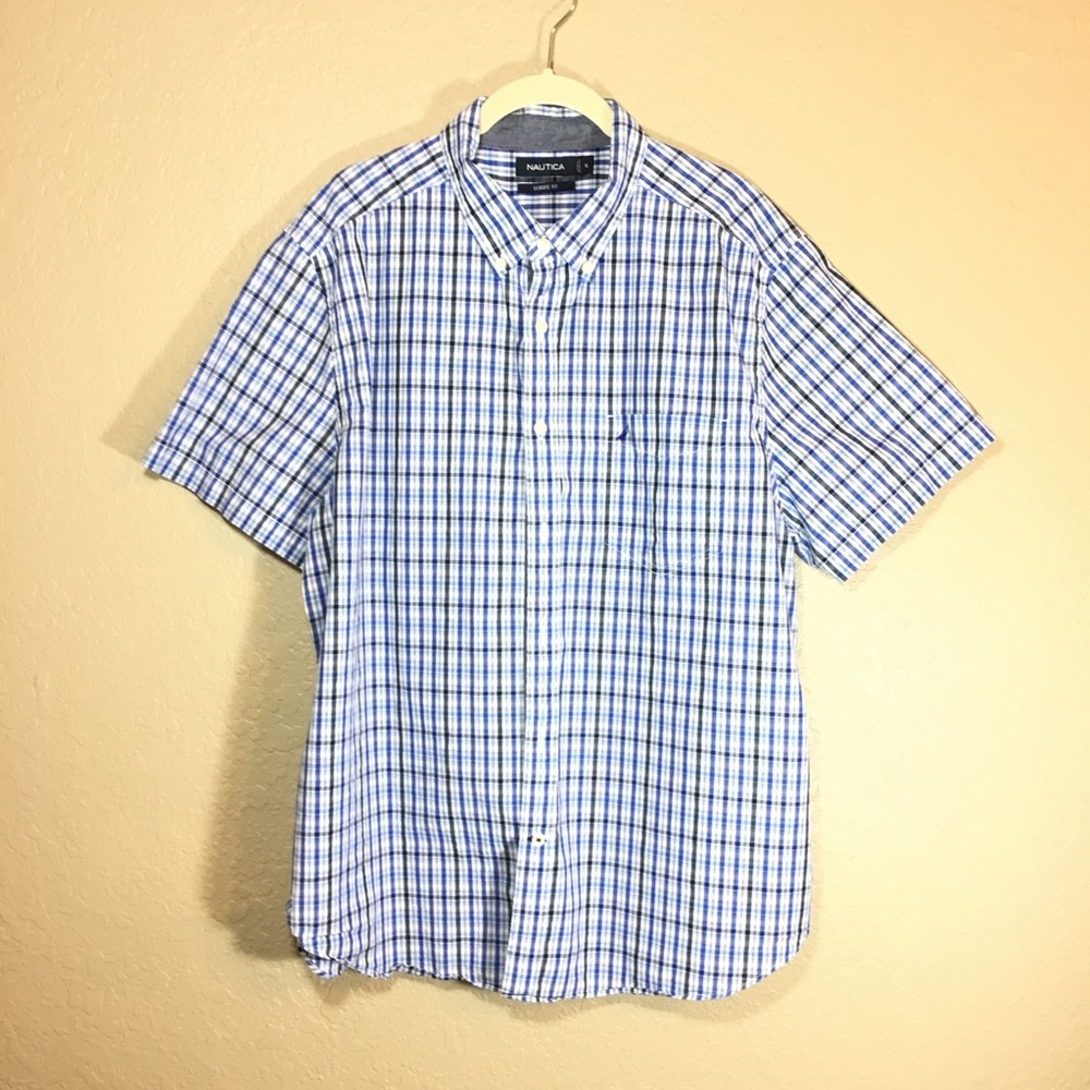 Nautica classic fit blue plaid button down shirt size XL